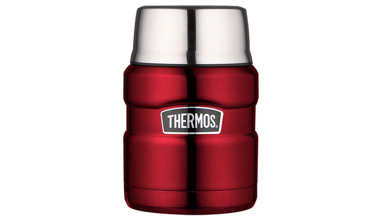 Kommt in verschiedenen edlen Farben: Der klassische Thermos Speisebehälter. Hält Warmes warm und Kaltes kalt. Unkaputtbar. Fasst ca. einen halben Liter.